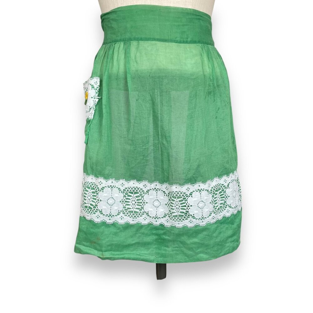 Vintage Apron Hostess Skirt Green Retro Semi-Sheer Tie Waist Flowers Pocket Twee